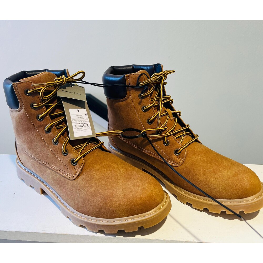 Men’s Tan Work Boots Size 8 Lace Up Memory Foam Hiking Style